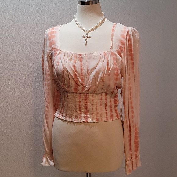 LOVE & PIECE PEACH TIE-DYE CROP TOP GAUZE RUFFLE BOHEMIAN LONG SLEEVE BLOUSE M - Picture 4 of 14